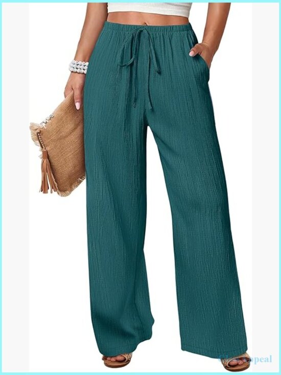 Pants - Wide Leg Beach Pants Elastic Waist Flowy Palazzo Trousers with Pockets